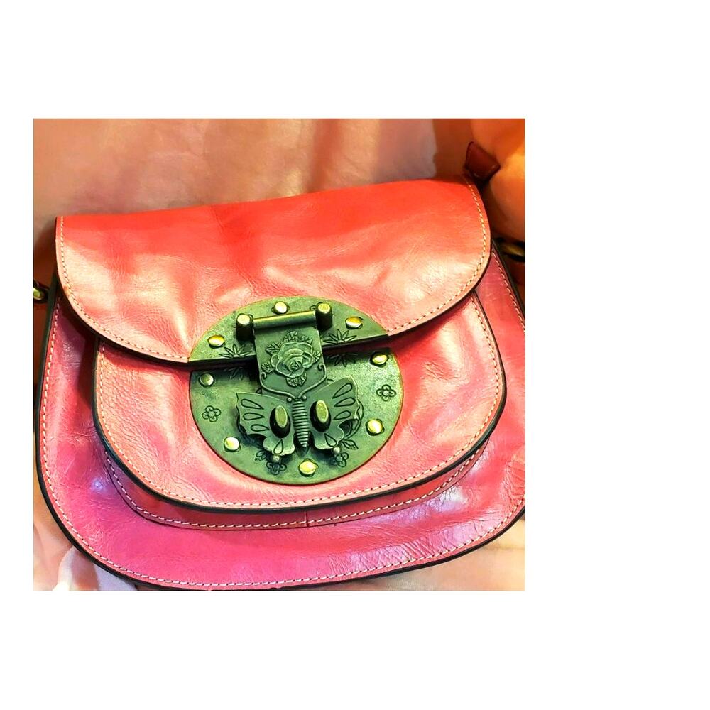 Hot Pink Italian Leather Firenze Bella Bag Purse Floral Detail Boho Fairy